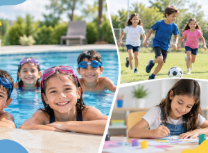 Collage de verano_ piscina, deporte y creatividad